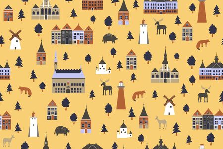Seamless pattern, Danish travel cartoon vector landmark, flat buildings, lighthouses, trees and wild animals. Great for textile, banner, wrapping.のイラスト素材