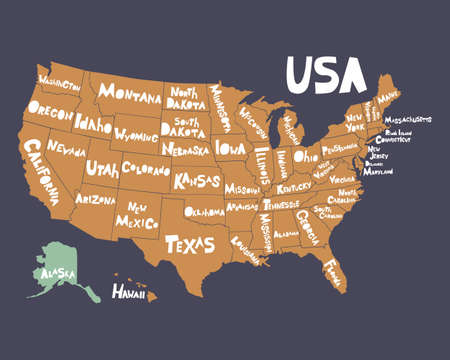 Cartoon silhouette of the map of USA with hand-written names of states. Handwritten lettering on the background. Unique vector typography posterのイラスト素材