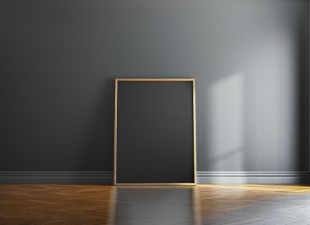 Blank wood picture frame and sunlight on a wall. 3d rendering
