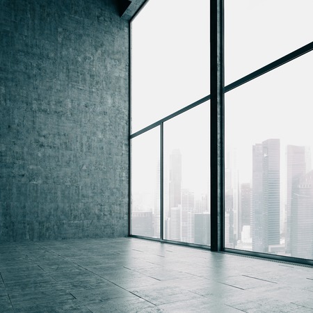 Panoramic windows and cocrete wall with panoramic view on the background.の写真素材