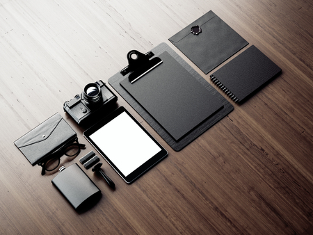 Mockup of blank elements on the brown background. 3d renderの写真素材