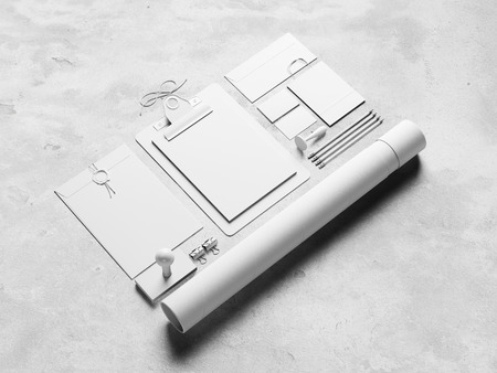 Set of blank classic elements on the concrete background. Classic style, book, stamp, seal, pencil, tube, envelopeの写真素材