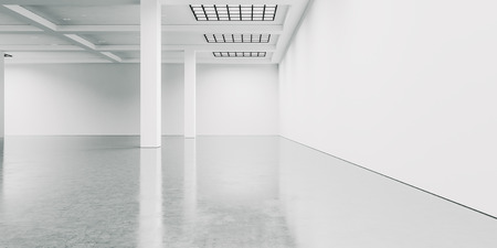 Empty white gallery interior with concrete floor. Wideの写真素材