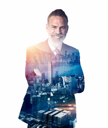 Close-up portrait of businessman. Double exposure photo of panoramic city view at sunrise