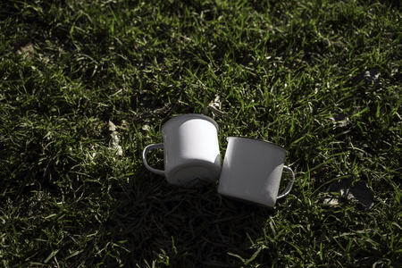 Two white and metal tea cups on the green lawn. Blurred background. Horizontalの写真素材