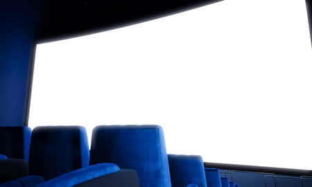 Closeup of empty cinema screen with blue seats. Ready for adding your for advertisement. Wideの写真素材