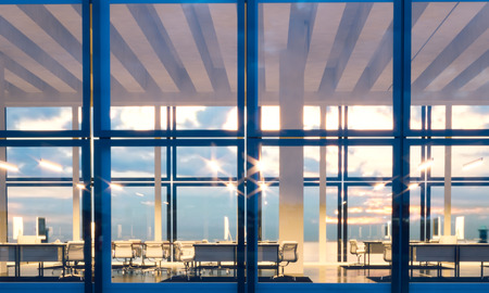 Front view meeting room modern skyscraper.Open space interior in evening time.Panoramic windows...