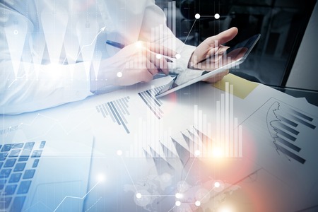 Bank trade manager working process.Concept photo trader work market report modern tablet.Using...