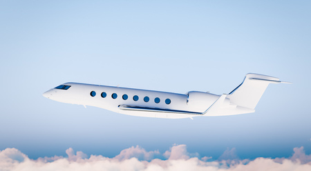 Photo White Matte Luxury Generic Design Private Airplane Flying in Blue Sky.Mockup Isolated on...