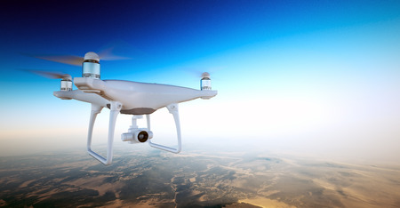 Photo White Matte Generic Design Air Drone with action camera Flying Sky under Earth...