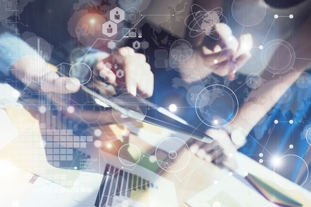 Woman Touching Screen Electronic Tablet Hand.Project Manager Research Process.Business Team Working...