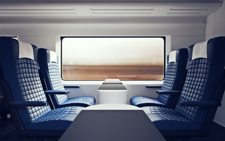 Interior Inside First Class Cabin Modern Speed Express Train.Nobody Blue Chairs Window.Comfortable...