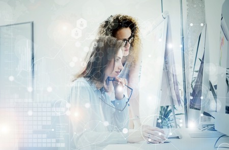 Woman Touching Screen Electronic Tablet Hand.Project Managers Researching Process.Business Team...