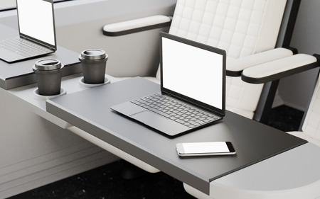 Modern Laptop Blank Screen Table Inside Interior First Class Cabin Fast Speed Train.Empty Window Generic Design Smartphone Background.Clear White Display Business Information.Crop Mockup.3d renderingの写真素材