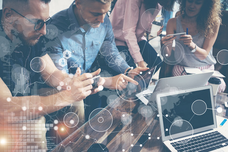 Global Strategy Connection Data Virtual Icon Innovation Graph Interface.Coworkers Making Great Online Business Solution.Marketing Team Discussion Corporate Work Concept Office.Electronic Gadgets Handの写真素材