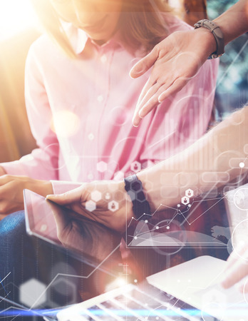 Global Connection Virtual Icon Graph Interface Marketing Researching.Young Coworkers Team Analyze Meeting Report.Business Woman Startup Online Market Project People Making Great Work Decisions Office.の写真素材