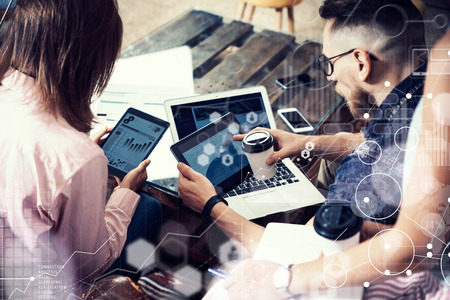 Global Connection Virtual Icon Diagram Interface Marketing Reserch.Young Businessman Team Analyze Finance Online Report Electronic Gadgets.Coworkers Startup Modern Digital Project.Blurred Background.の写真素材