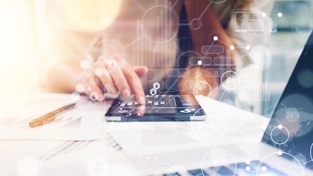 Global Strategy Virtual Icon Innovation Graph Interfaces.Business Woman Analyze Meeting Report Process.Marketing Team Discussion Corporate Work Concept Office.Startup Idea Touching Screen.Closeupの写真素材