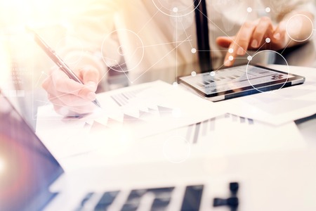 Global Virtual Connections Icon Innovation Graph Interface.Young Business Woman Brainstorming Meeting Report Process.Businessman Startup Marketing Online Project.People Making Great Work Decisionsの写真素材