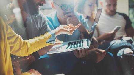 Startup Diversity Teamwork Brainstorming Meeting Concept.Business Team Coworker Analyze Strategy Laptop Process.Brainstorm People Working Start Up.Group Young Hipsters Using Gadgets Report Office