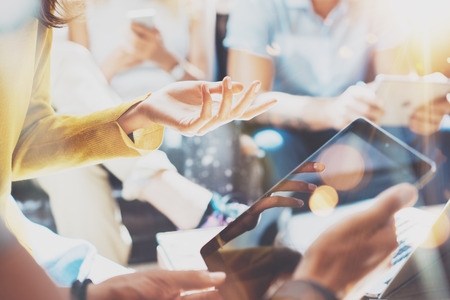 Closeup Startup Diversity Teamwork Brainstorming Meeting Concept.Business Team Coworker Analyze Strategy Laptop Process.Brainstorm People Working Start Up.Group Young Hipsters Using Gadget Hand Flaresの写真素材