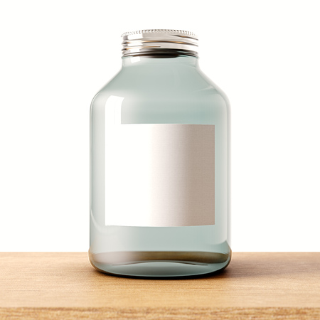 One empty jar of transparent glass with closed metal cap on the wood desk.White wall at background.Clean glassy container and white mockup label.Drinks,food storage concept.3d renderingの写真素材