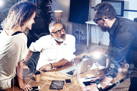 Concept of digital screen ,virtual connection icon,diagram, graph interfaces.Bearded man talking...