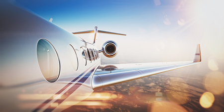 Business travel concept.Generic design of white luxury private jet flying in blue sky at sunset.Uninhabited desert mountains on the background.Horizontal,flares effect. 3D rendering Business travel concept.Generic design of white luxury private jet flying in blue sky at sunset.Uninhabited desert mountains on the background.Horizontal,flares effect. 3D rendering