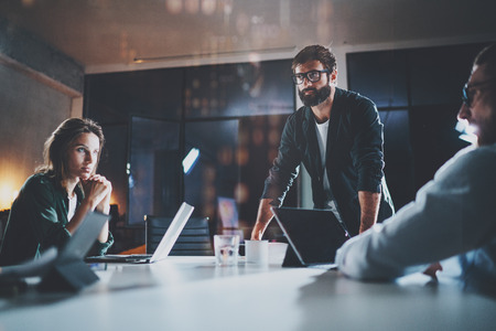 Business people meeting concept.New project team manager making conversation at meeting room with partners at office.Horizontal.Blurred background.Flares.の写真素材