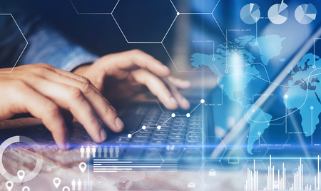 Concept of virtual diagram,graph interfaces,digital display,connections,statistics icons.Male hands typing on dock keyboard contemporary electronic tablet.Blurred background. Horizontal.の写真素材