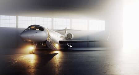 Business private jet airplane parked at terminal. Luxury tourism and business travel transportation concept. 3d renderingの写真素材