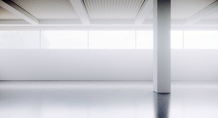 Empty loft style office building corridor with white concrete walls and floor. Concept of interior design and architecture. 3d rendering.の写真素材
