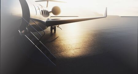 Business private jet airplane parked at terminal. Luxury tourism and business travel transportation concept. Closeup. 3d renderingの写真素材