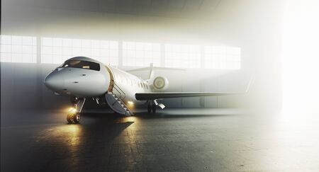 Business private jet airplane parked at terminal. Luxury tourism and business travel transportation concept. 3d renderingの写真素材