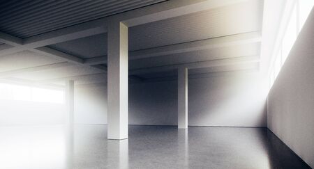 Empty loft style office building corridor with white concrete walls and floor. Concept of interior design and architecture. 3d renderingの写真素材