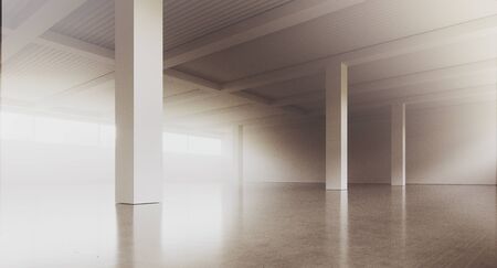 Empty loft style office building corridor with white concrete walls and floor. Concept of interior design and architecture. 3d renderingの写真素材