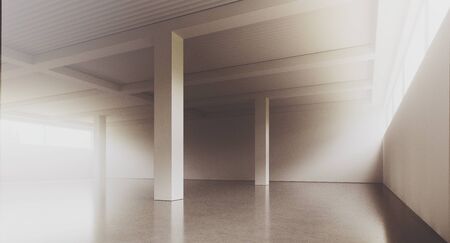 Empty loft style office building corridor with white concrete walls and floor. Concept of interior design and architecture. 3d renderingの写真素材
