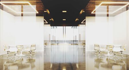 Contemporary office interior with panoramic windows and meeting rooms. 3D rendering.の写真素材