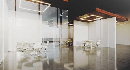 Contemporary office interior with panoramic windows and meeting rooms. 3D rendering.の写真素材