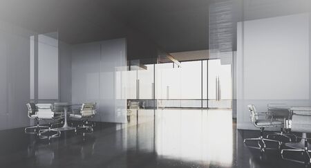 Modern office interior with panoramic windows and meeting rooms. 3D rendering.の写真素材