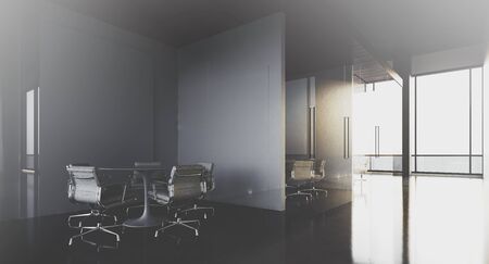 Modern office interior with panoramic windows and meeting rooms. 3D rendering.の写真素材