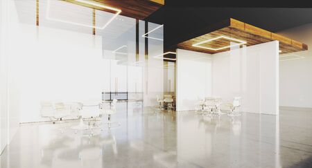 Contemporary office interior with panoramic windows and meeting rooms. 3D rendering.の写真素材