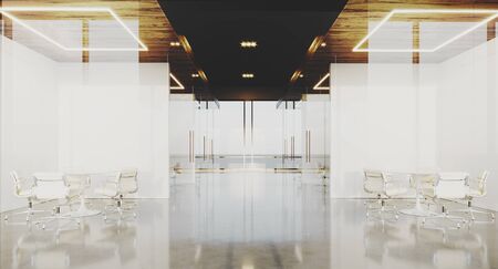 Contemporary office interior with panoramic windows and meeting rooms. 3D rendering.の写真素材