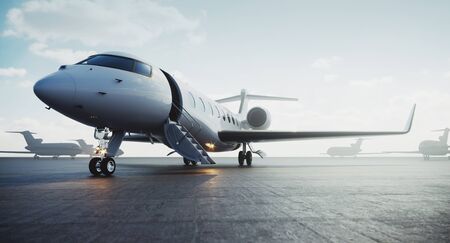 Business private jet airplane parked at outside and waiting vip persons. Luxury tourism and business travel transportation concept. 3d rendering.の写真素材