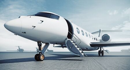 Business private jet airplane parked at airfield and ready for flight. Luxury tourism and business travel transportation concept. 3d rendering.の写真素材