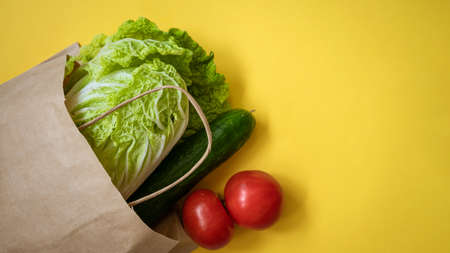 Paper bag with vegetables on a yellow background.の写真素材