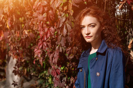 Portrait of a red-haired girl on the street on a Sunny day against a background of red leaves .
