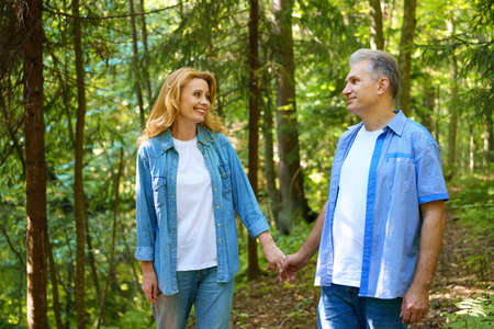 A Mature man and woman holding each other's hands are walking in the Park during the day. The...