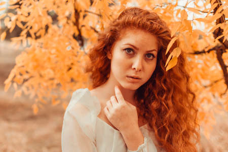 beautiful red-haired young woman in autumn forestの写真素材