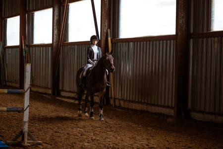Young woman is engaged in equestrian sports, training on horsebackの写真素材